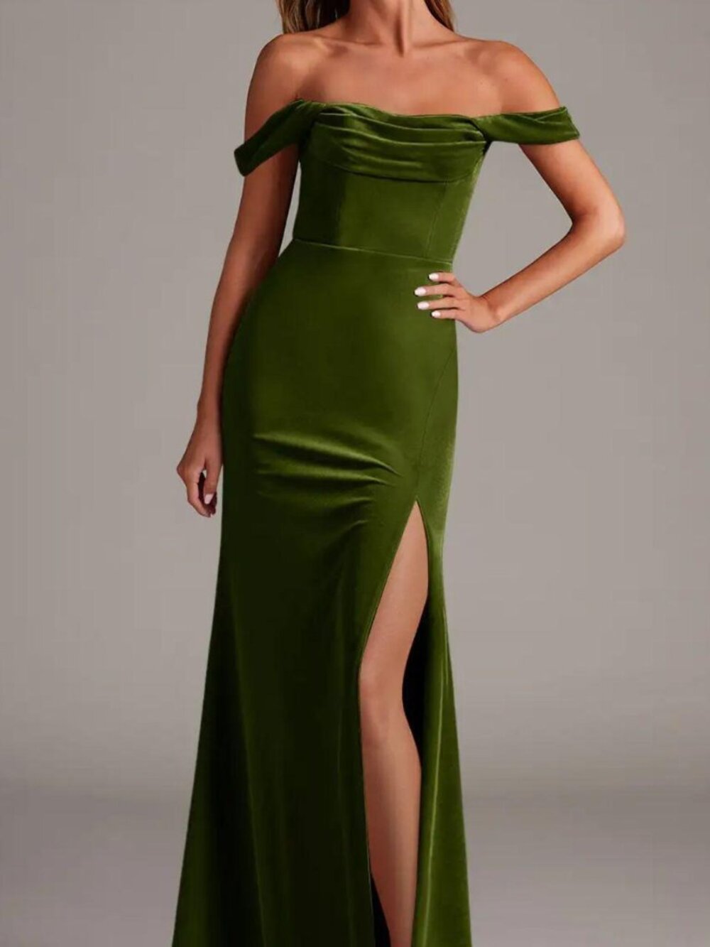 Azazie Saige Olive Velvet Dress Size A0